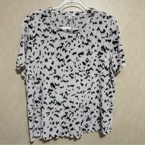 Nine West White Black Printed Lettuce Edge Short Sleeve Top